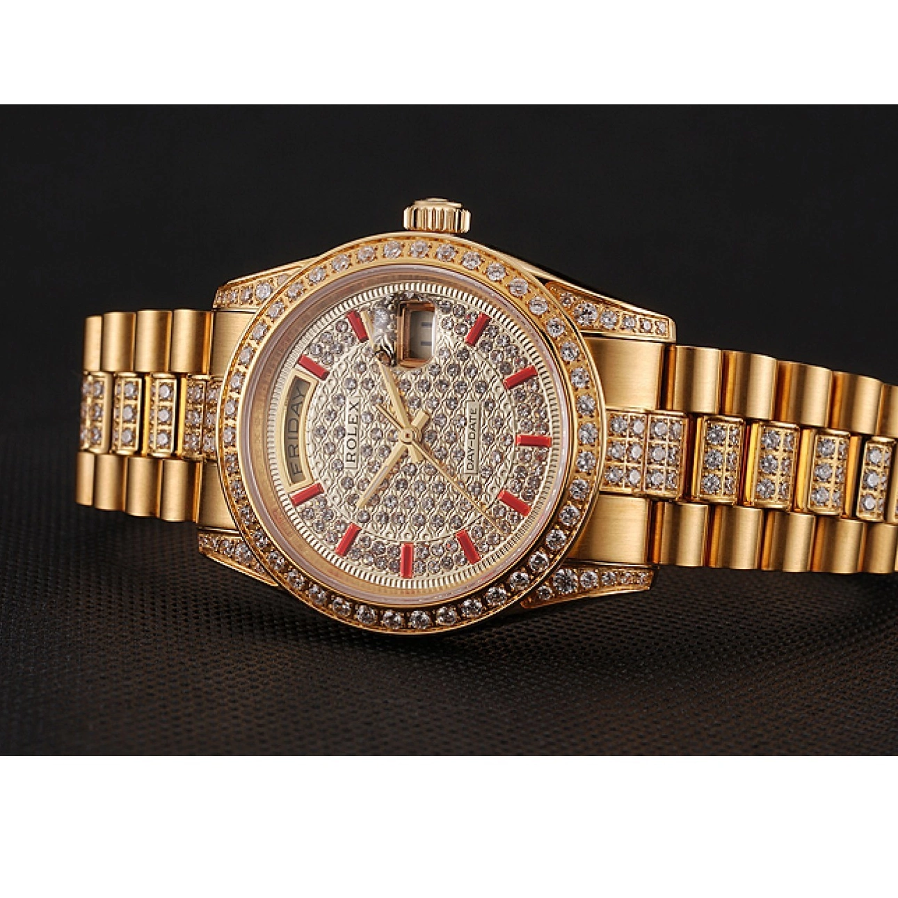 Best AAA Replica Sites Swiss 1453960 Diamond Gold Bracelet Day-Date Rolex Diamond Red Pave Dial 0616